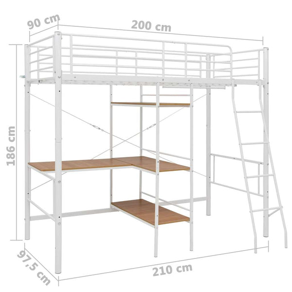 vidaXL Bunk Bed with Desk Frame White Metal 90x200 cm