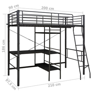 vidaXL Loft Bed with Desk Frame Black Metal 90x200 cm
