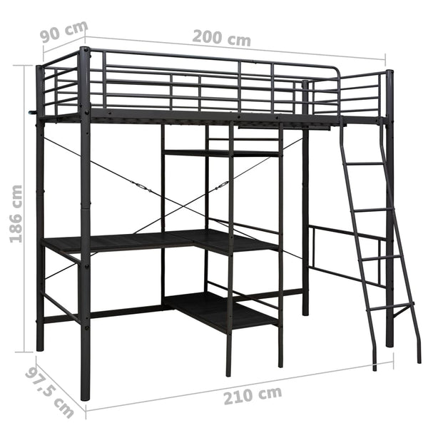 vidaXL Loft Bed with Desk Frame Black Metal 90x200 cm