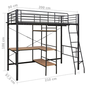 vidaXL Loft Bed with Desk Frame Grey Metal 90x200 cm