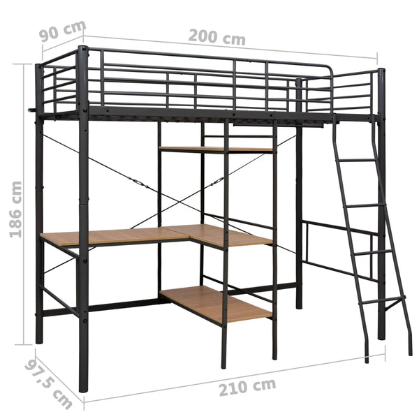 vidaXL Loft Bed with Desk Frame Grey Metal 90x200 cm