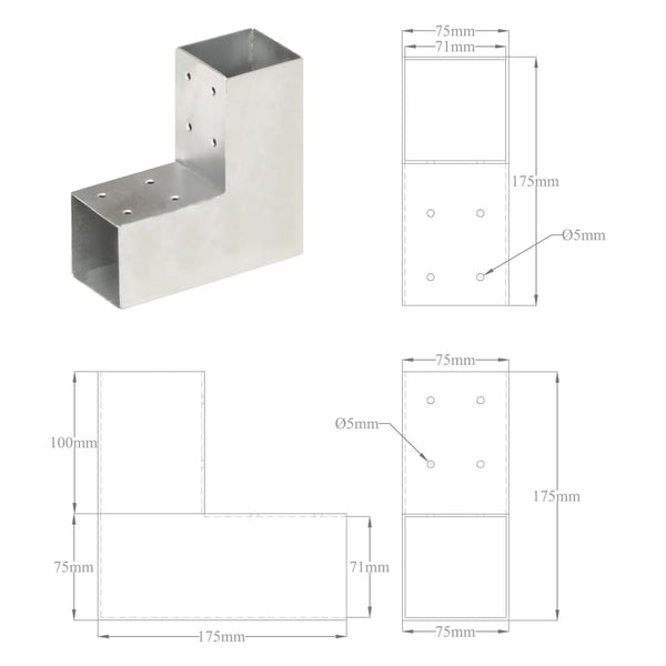 vidaXL Post Connector L-Shape Galvanised Metal 71 x 71 mm