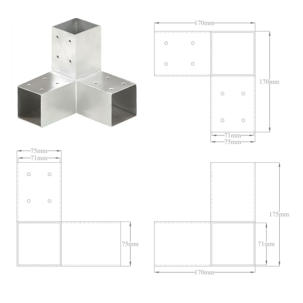 vidaXL Post Connector Y-Shape Galvanized Metal 71 x 71 mm