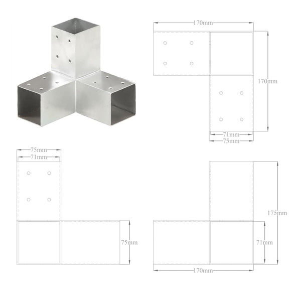 vidaXL Post Connectors 4 pcs. Y-Shaped Galvanized Metal 71 x 71 mm