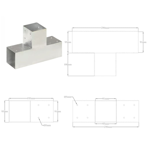 vidaXL Post Connector T-Shaped Galvanised Metal 91 x 91 mm