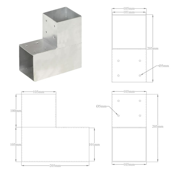 vidaXL Post Connectors 4 pcs. L-Shaped Galvanized Metal 101 x 101 mm