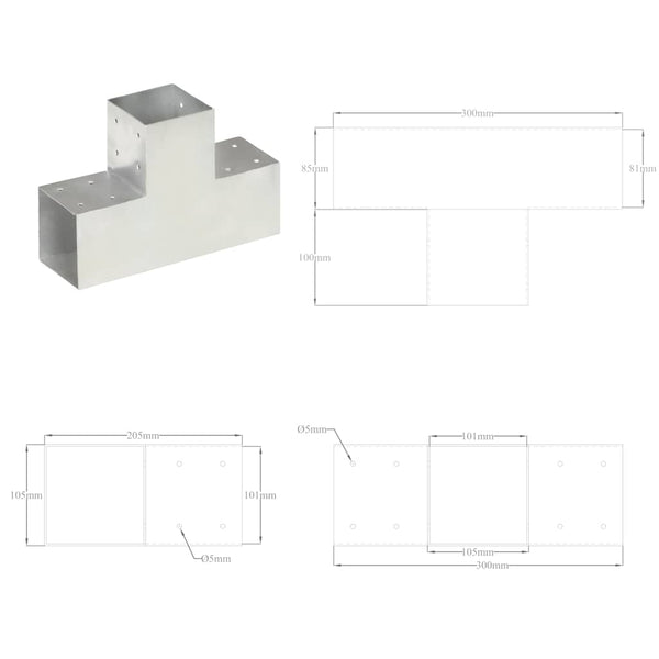 vidaXL Post Connectors 4 pcs. T-Shape Galvanized Metal 101 x 101 mm