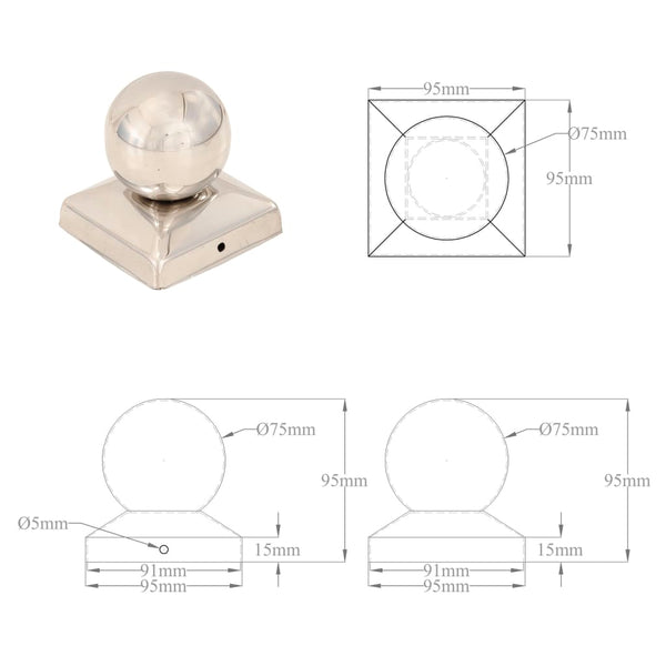 vidaXL Post Caps 6 pcs. Ball Shape Stainless Steel 81 x 81 mm