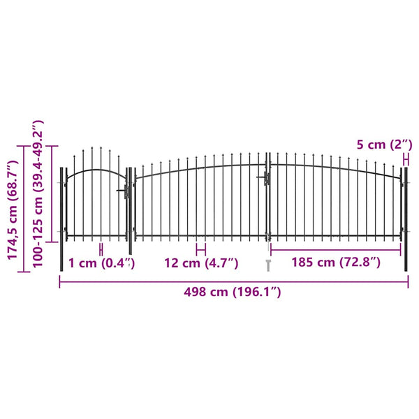 vidaXL Garden Gate Woerden with Spear Top 5 x 1.25 m Black
