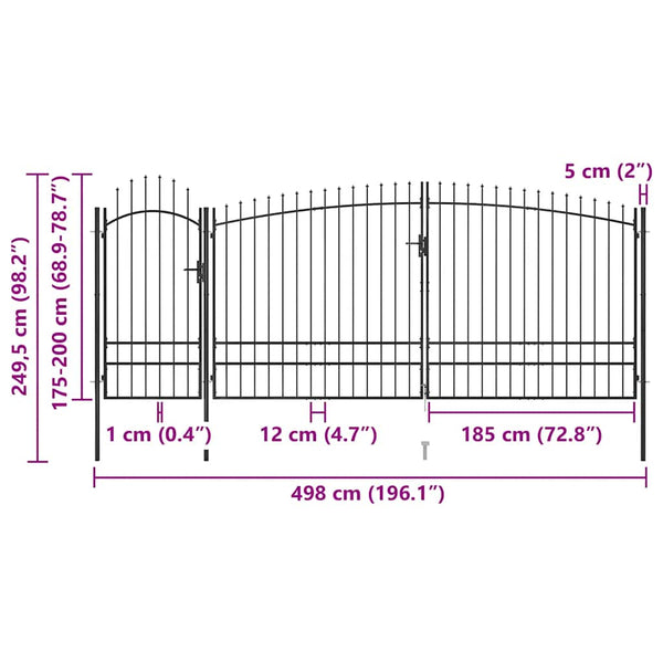 vidaXL Garden Gate Woerden with Spear Top 5 x 1.95 m Black