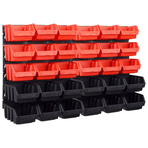 vidaXL 32-Piece Storage Bin Set with Wall Mount Red and Black