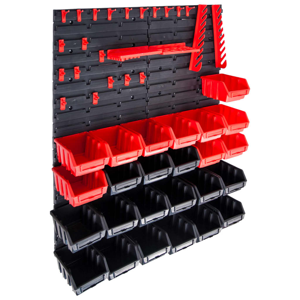 vidaXL 29-piece Storage Bin Rack with Wall Mount Red and Black
