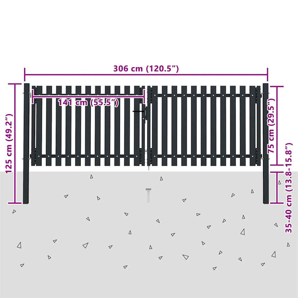 vidaXL Double-Leaf Steel Garden Gate 300 x 75 cm Anthracite