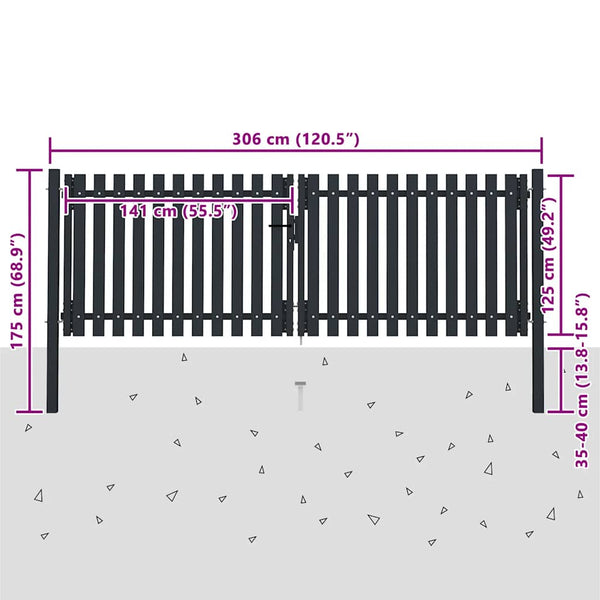 vidaXL Double-Leaf Steel Garden Gate 300 x 125 cm Anthracite