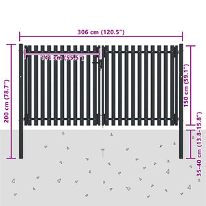 vidaXL Double Door Garden Gate Steel 300 x 150 cm Anthracite