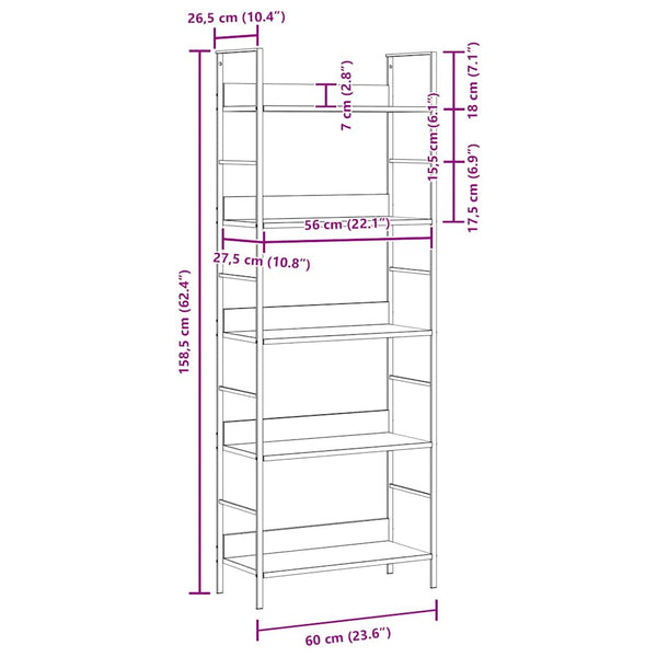 vidaXL Bookcase 5 Tiers Black 60x27.6x158.5 cm Engineered Wood