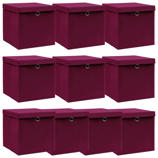 vidaXL Storage Boxes with Lids 10 pcs Dark Red 32x32x32cm