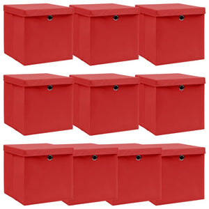 vidaXL Storage Boxes with Lids 10 pcs. Red 32x32x32 cm Fabric