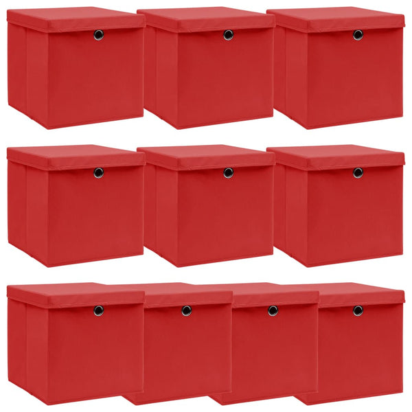 vidaXL Storage Boxes with Lids 10 pcs. Red 32x32x32 cm Fabric
