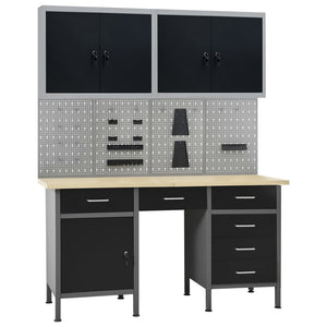 vidaXL Workbench with 4 Tool Panels and 2 Wall Cabinets