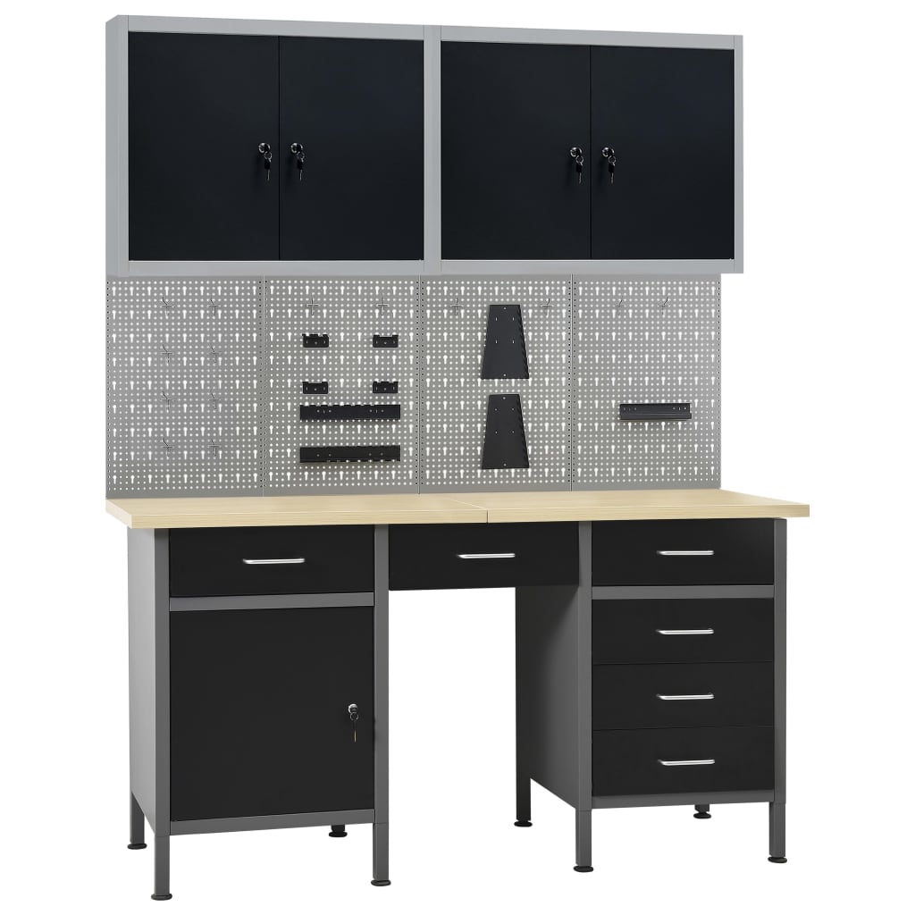 vidaXL Workbench with 4 Tool Panels and 2 Wall Cabinets