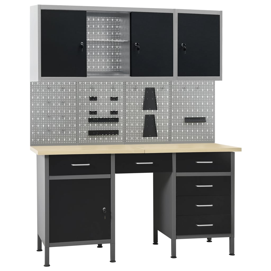 vidaXL Workbench with 4 Tool Panels and 2 Wall Cabinets