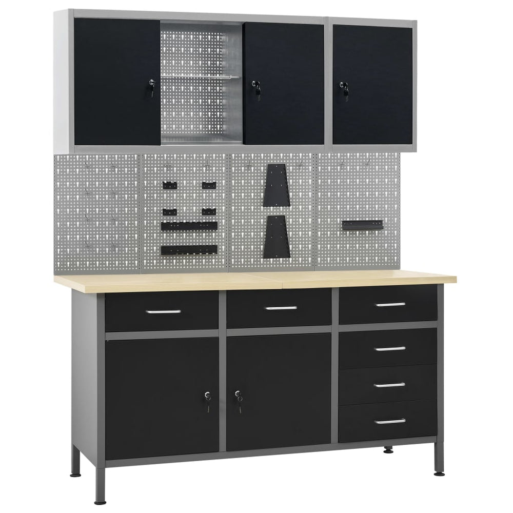 vidaXL Workbench with 4 Tool Panels and 2 Wall Cabinets