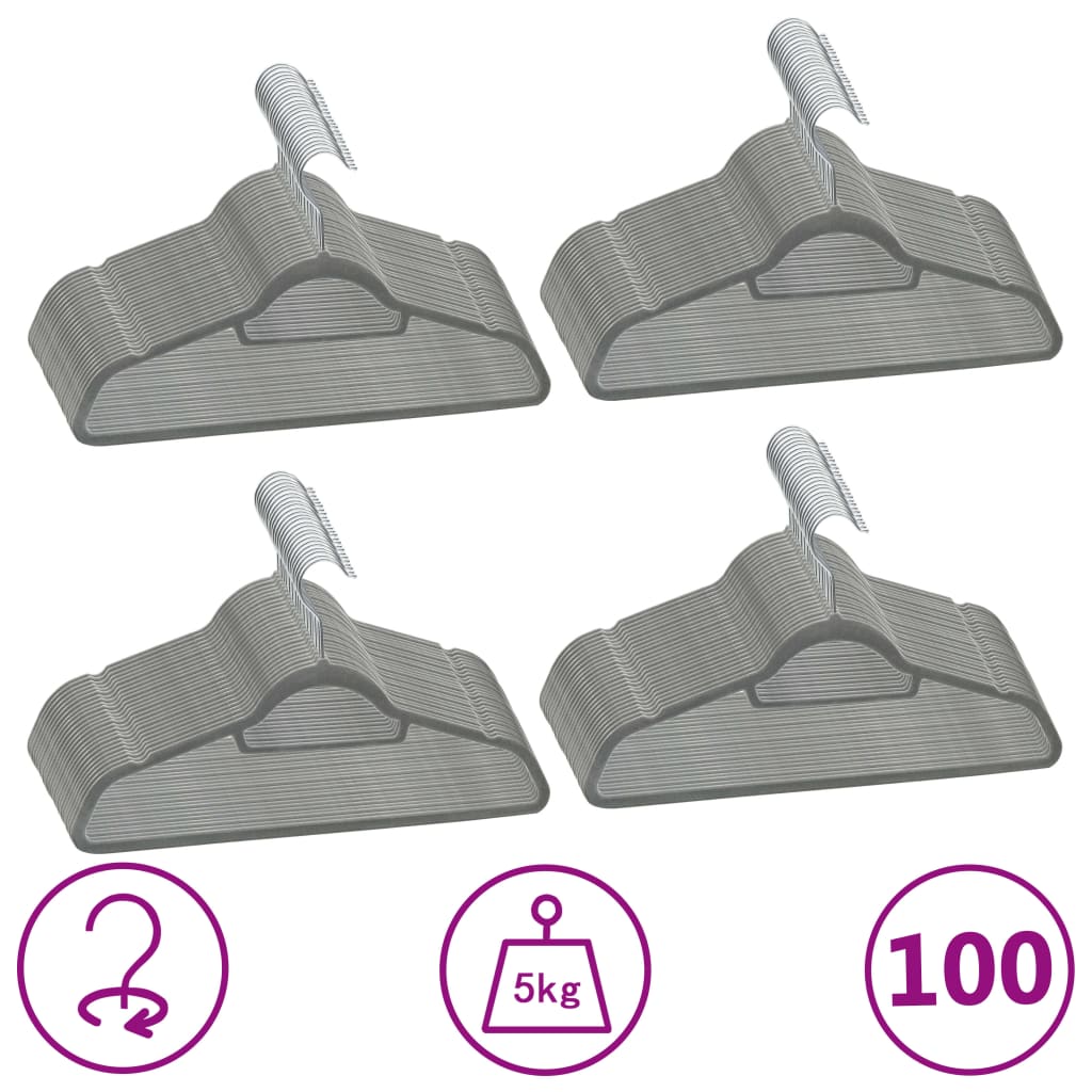 vidaXL 100-Piece Non-Slip Velvet Hanger Set Grey