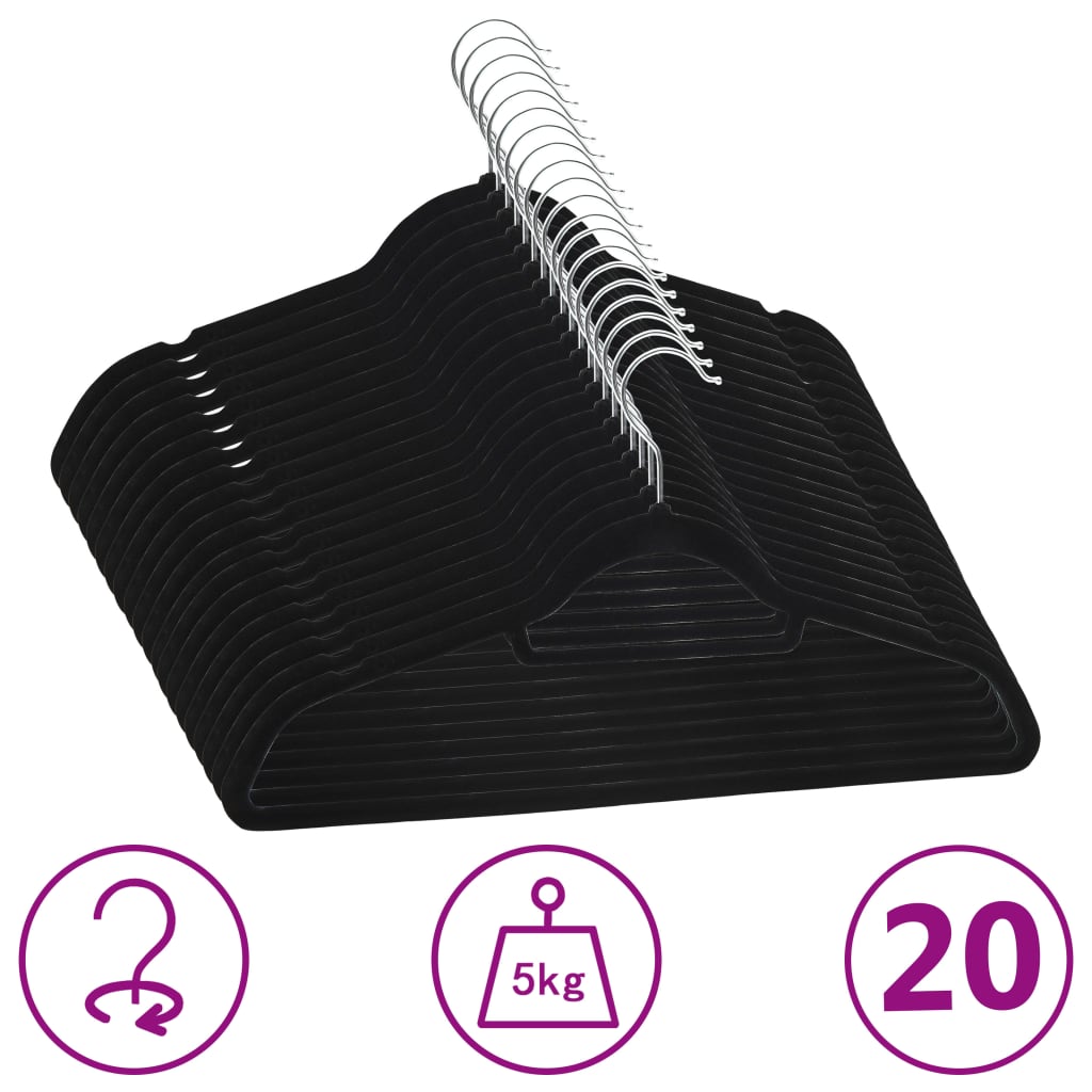 vidaXL 20-Piece Non-Slip Velvet Clothes Hanger Set Black