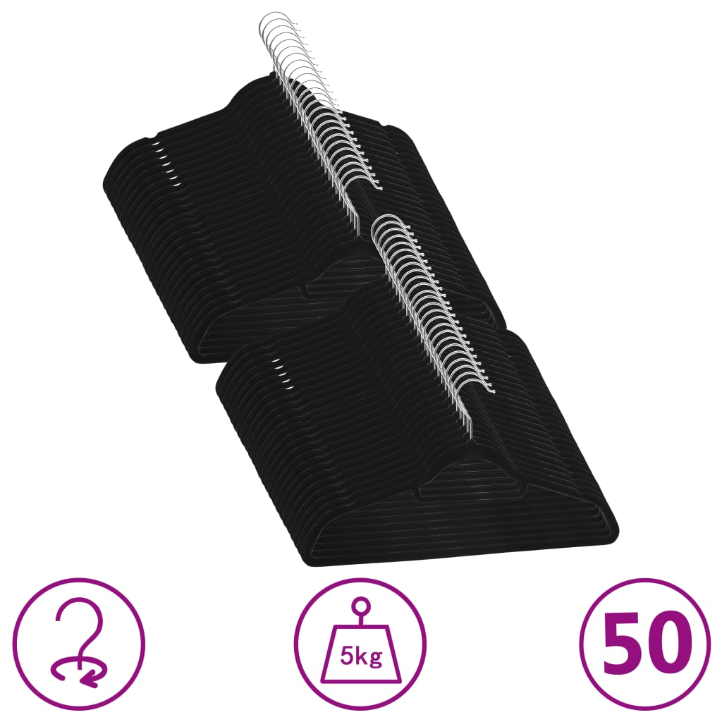 vidaXL 50-Piece Non-Slip Black Velvet Hanger Set