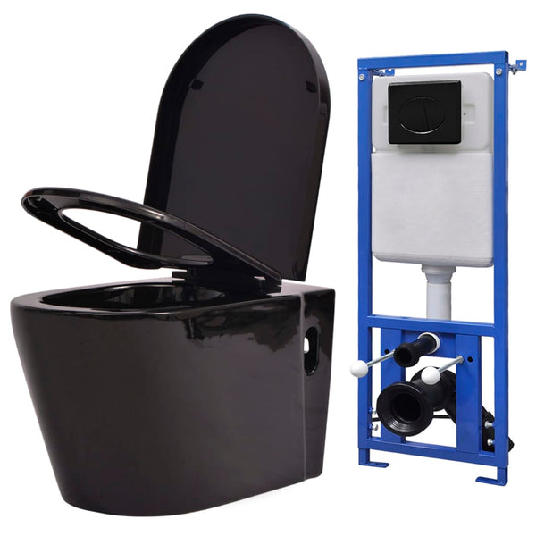 vidaXL Wall-Mounted Toilet with Concealed Cistern Ceramic Black