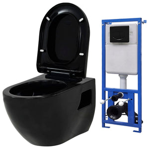 vidaXL Wall-Mounted Toilet with Concealed Cistern Ceramic Black