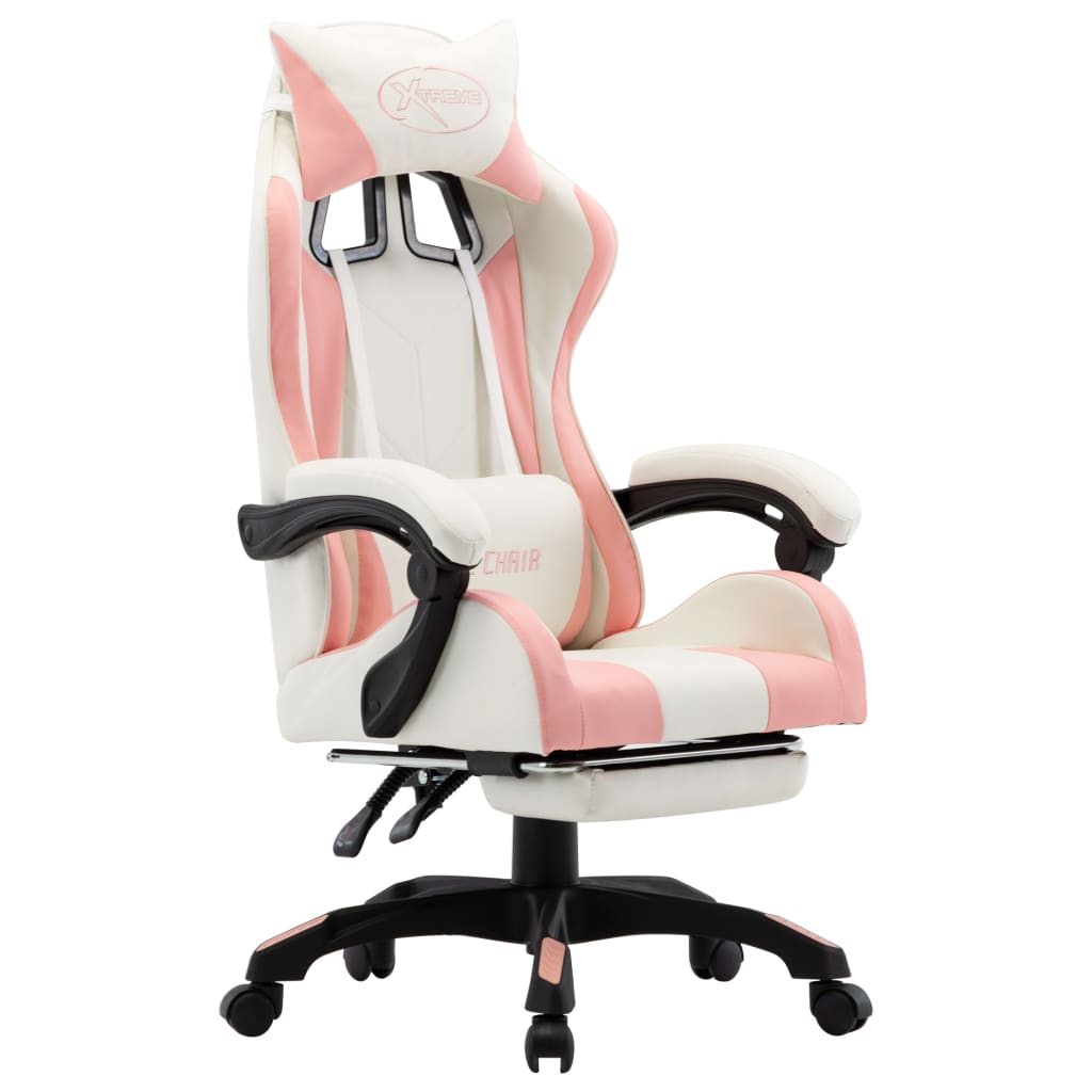 vidaXL Gaming Chair with Footrest Pink and White Faux Leather