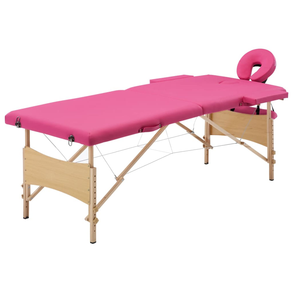 vidaXL 2-Zone Foldable Massage Table with Wooden Frame Pink