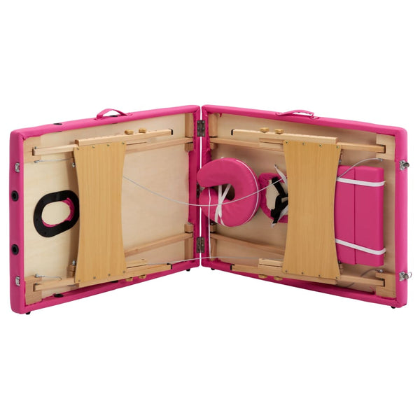 vidaXL 2-Zone Foldable Massage Table with Wooden Frame Pink