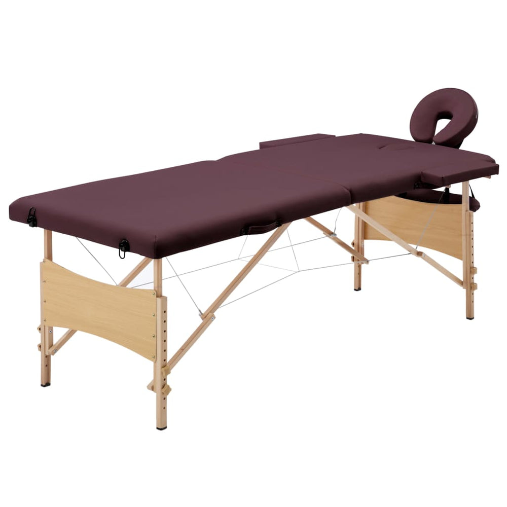 vidaXL 2-Zone Foldable Massage Table with Wooden Frame Burgundy-Purple