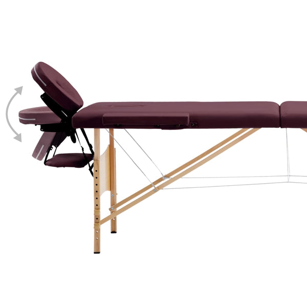 vidaXL 2-Zone Foldable Massage Table with Wooden Frame Burgundy-Purple