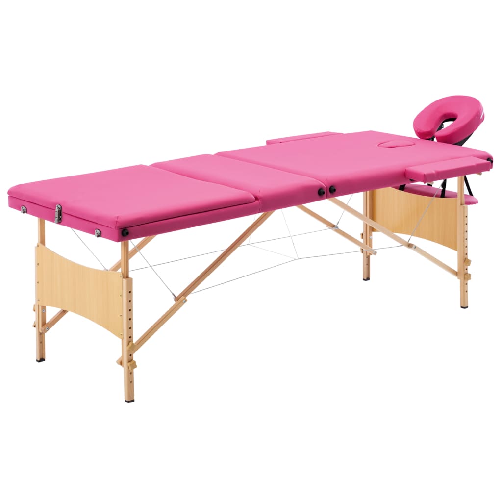 vidaXL 3-Zone Foldable Massage Table with Wooden Frame Pink