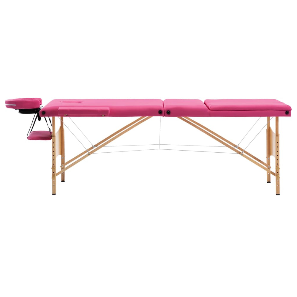 vidaXL 3-Zone Foldable Massage Table with Wooden Frame Pink