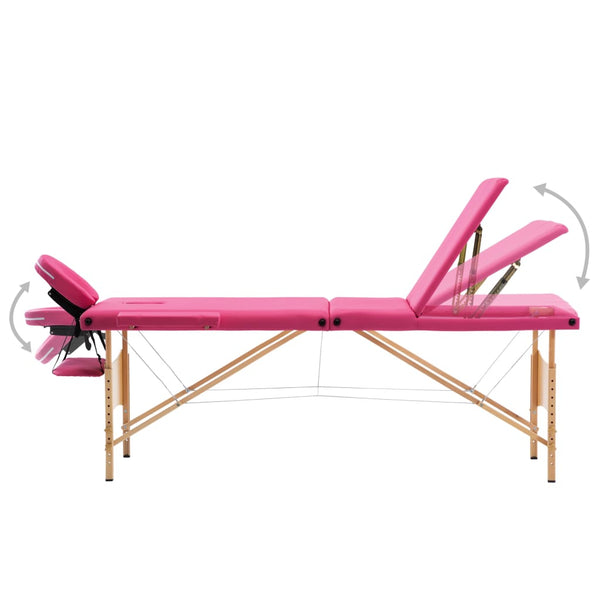 vidaXL 3-Zone Foldable Massage Table with Wooden Frame Pink