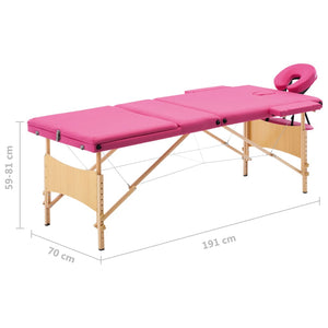 vidaXL 3-Zone Foldable Massage Table with Wooden Frame Pink