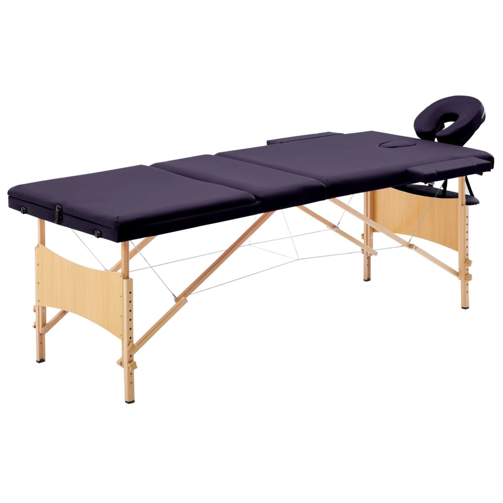 vidaXL 3-Zone Foldable Massage Table with Wooden Frame Purple