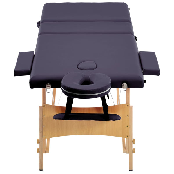 vidaXL 3-Zone Foldable Massage Table with Wooden Frame Purple
