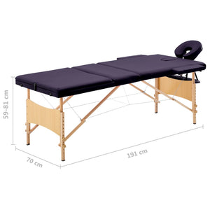vidaXL 3-Zone Foldable Massage Table with Wooden Frame Purple