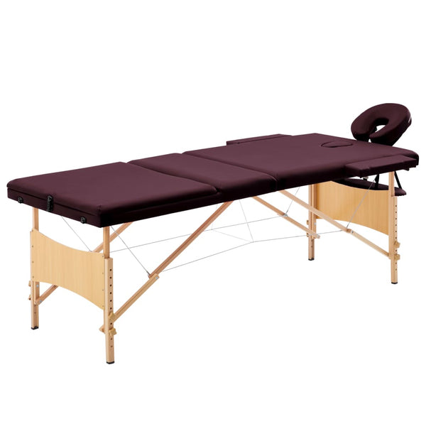 vidaXL 3-Zone Foldable Massage Table with Wooden Frame Burgundy-Purple