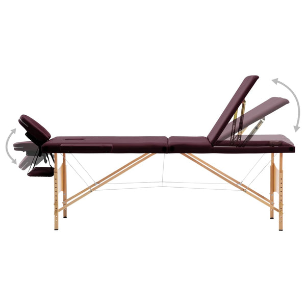 vidaXL 3-Zone Foldable Massage Table with Wooden Frame Burgundy-Purple