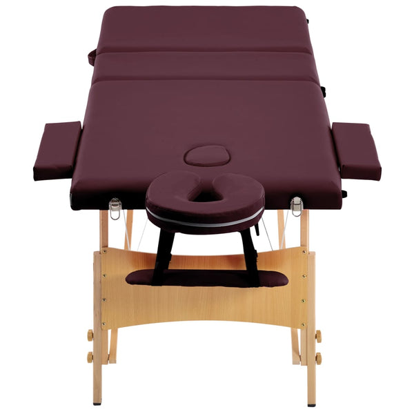 vidaXL 3-Zone Foldable Massage Table with Wooden Frame Burgundy-Purple