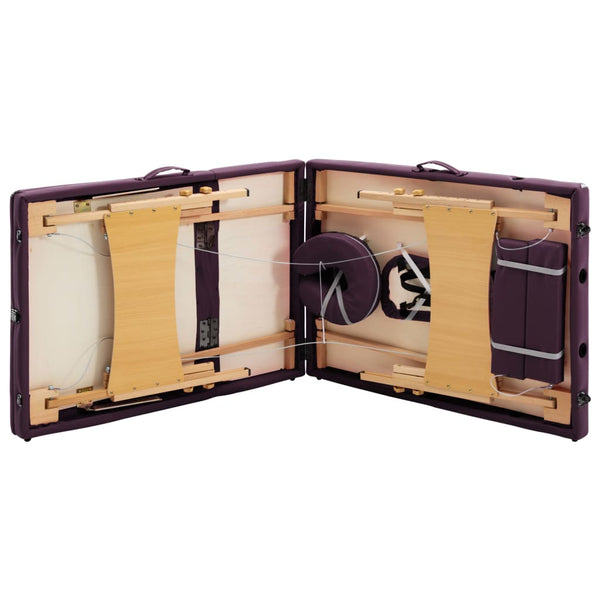vidaXL 3-Zone Foldable Massage Table with Wooden Frame Burgundy-Purple