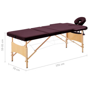 vidaXL 3-Zone Foldable Massage Table with Wooden Frame Burgundy-Purple