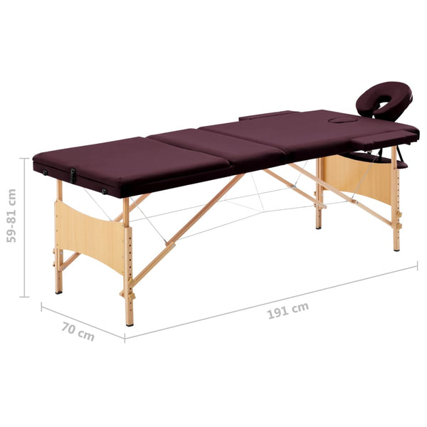 vidaXL 3-Zone Foldable Massage Table with Wooden Frame Burgundy-Purple